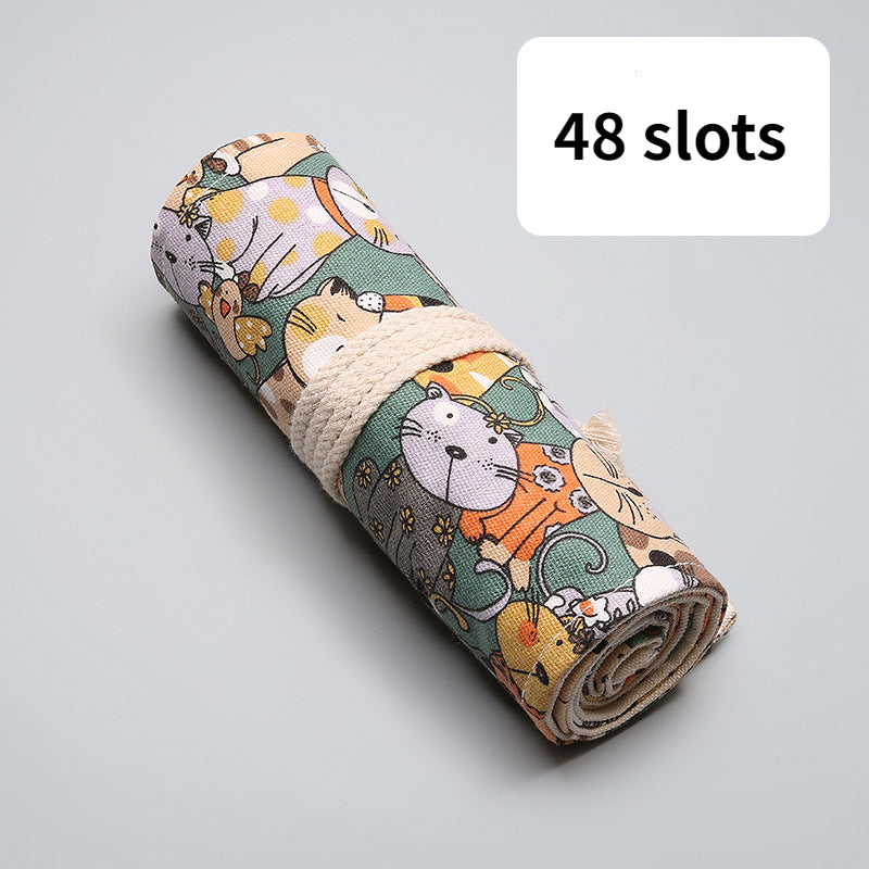 Cartoon big-eyed cute cat canvas printing simple roll pencil pouch