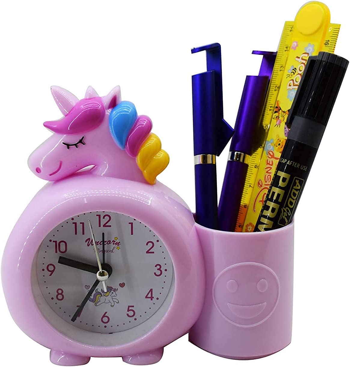 Cartoon unicorn animal plastic with pen holder alarm clock