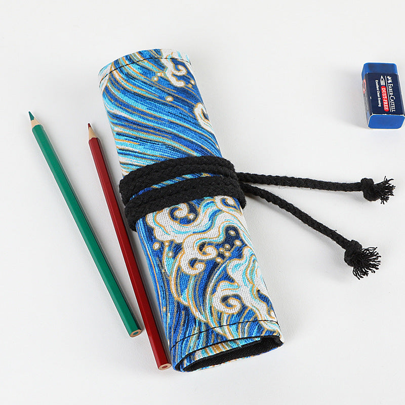 Stamping blue sea cotton and linen printing simple roll pencil pouch