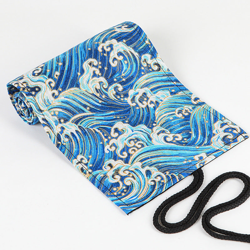 Stamping blue sea cotton and linen printing simple roll pencil pouch