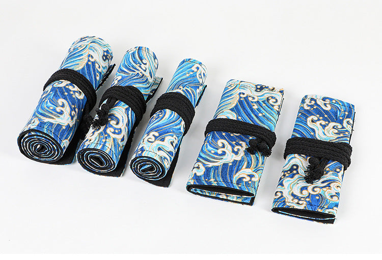 Stamping blue sea cotton and linen printing simple roll pencil pouch