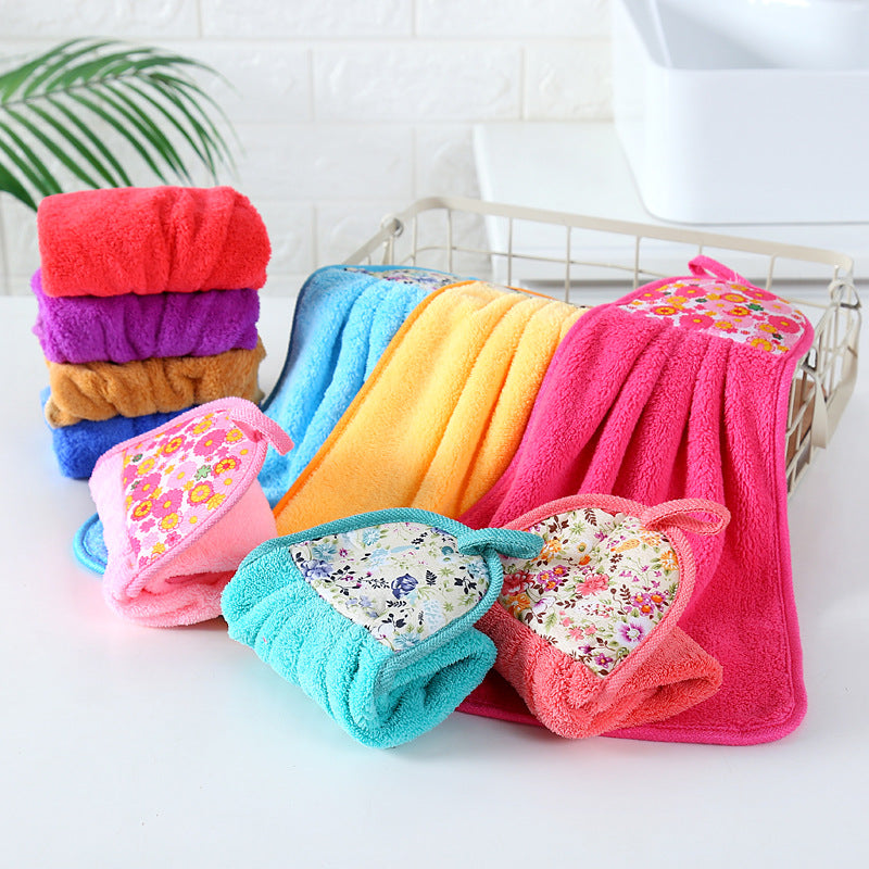 Soft and absorbent padded coral fleece hanging towel