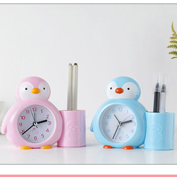 Cartoon penguin animal plastic alarm clock pencil holder