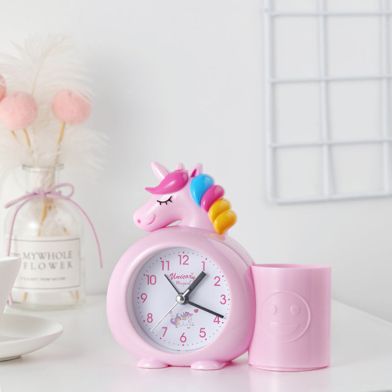 Cartoon unicorn animal plastic with pen holder alarm clock