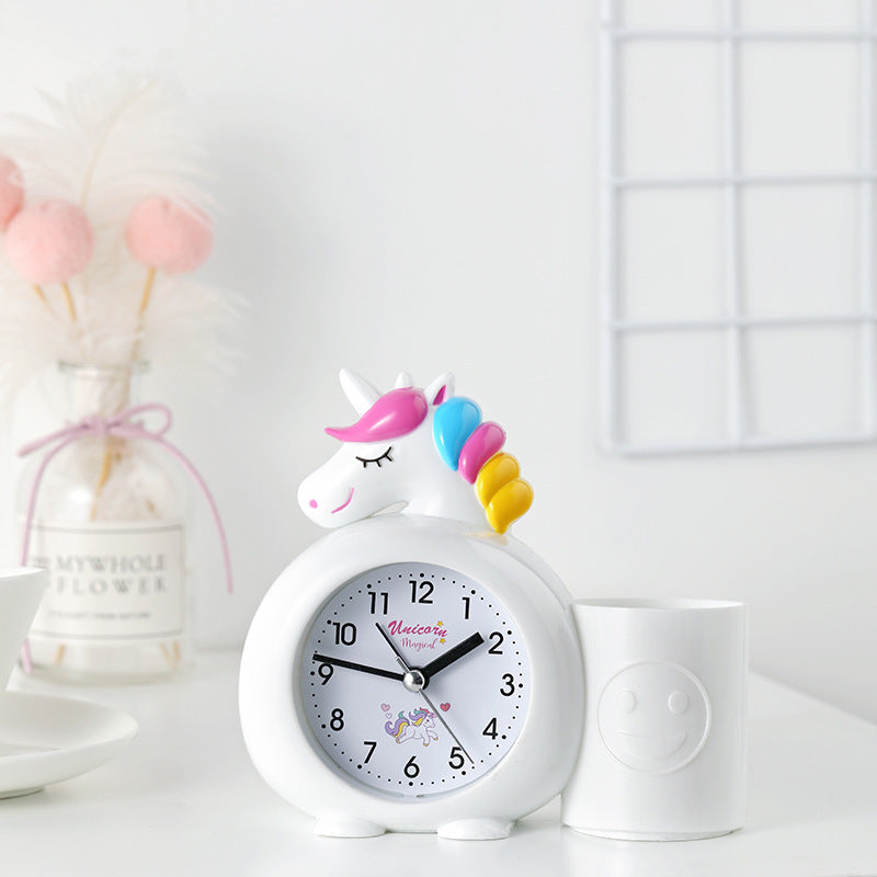 Cartoon unicorn animal plastic with pen holder alarm clock