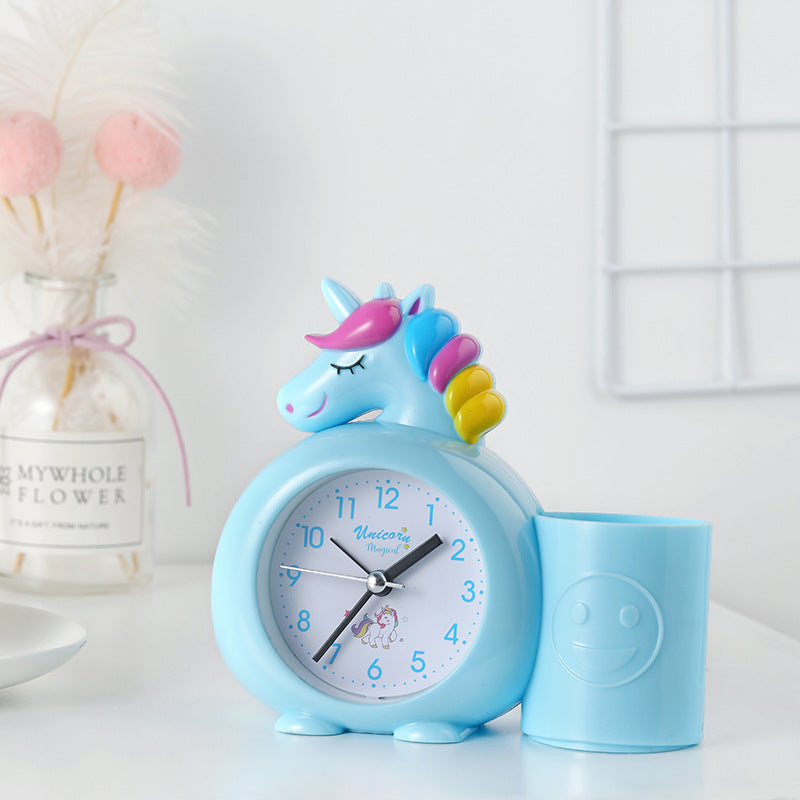 Cartoon unicorn animal plastic with pen holder alarm clock