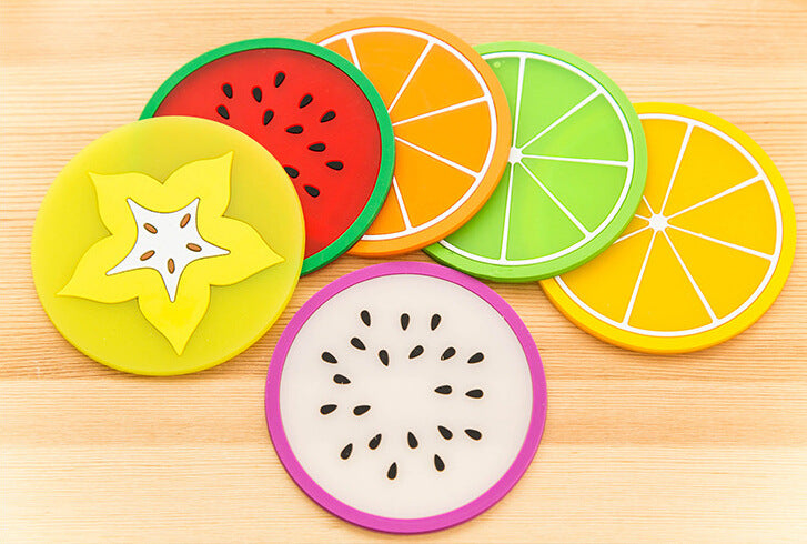 Colorful jelly color fruit shape soft rubber coaster set(7pcs)