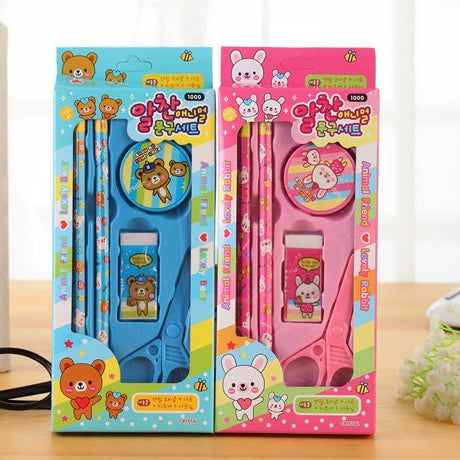 Blue Bear Pink Rabbit Cartoon 5 in 1 School Stationery Set