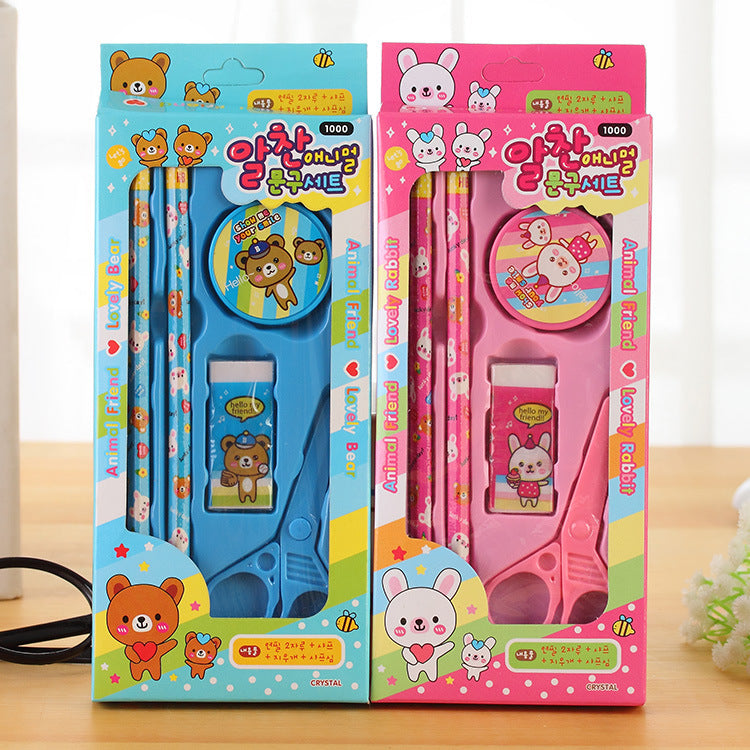 Blue Bear Pink Rabbit Cartoon 5 in 1 School Stationery Set