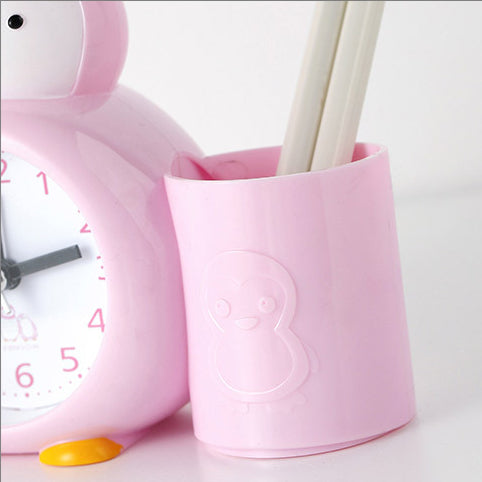 Cartoon penguin animal plastic alarm clock pencil holder