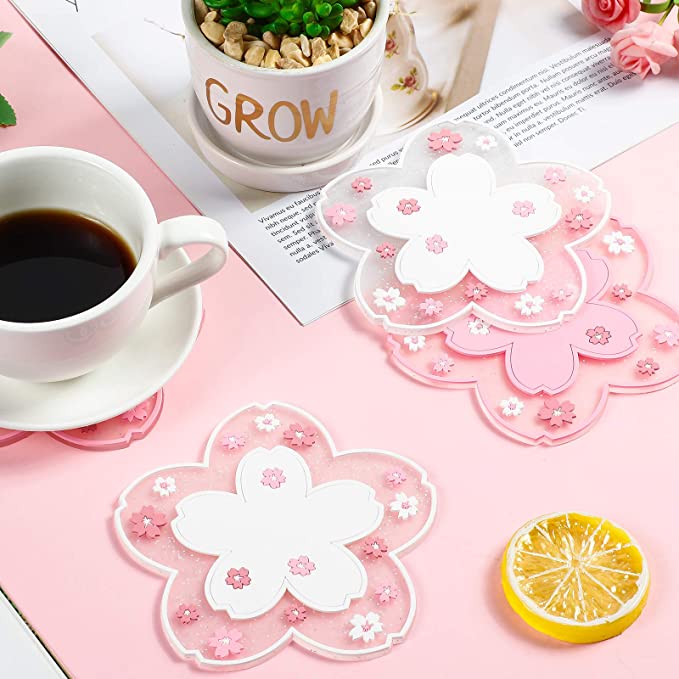 PVC soft rubber cherry blossom heat insulator coasters (3pcs/set for small and large)