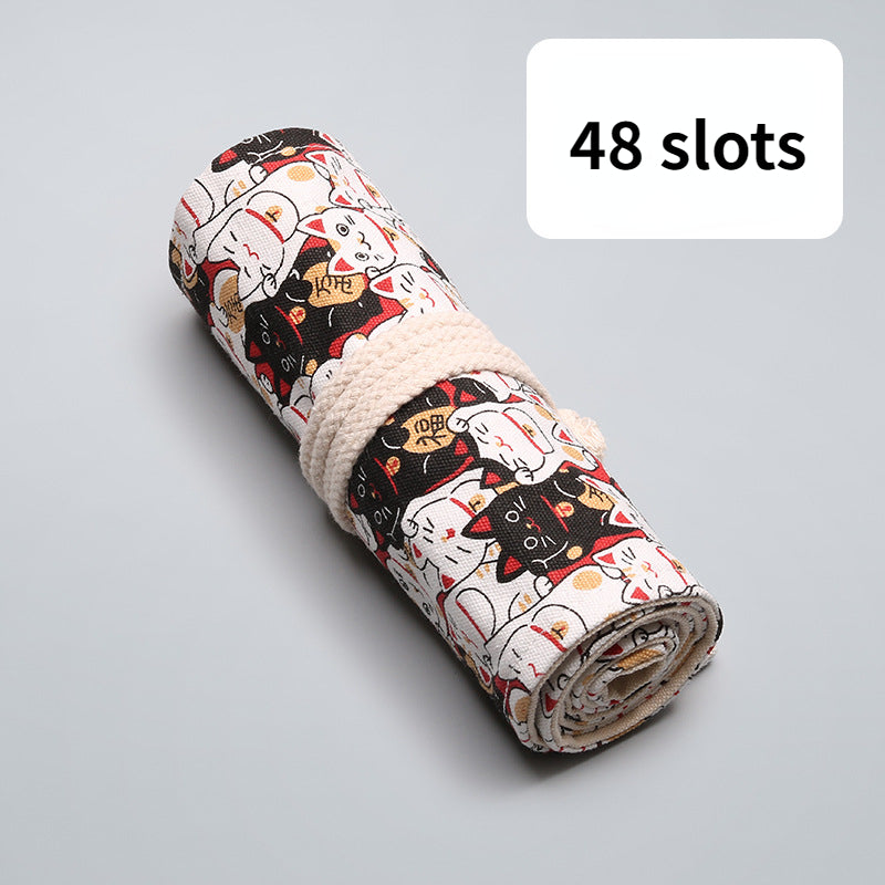 Wealthy cat canvas printing simple roll pencil pouch