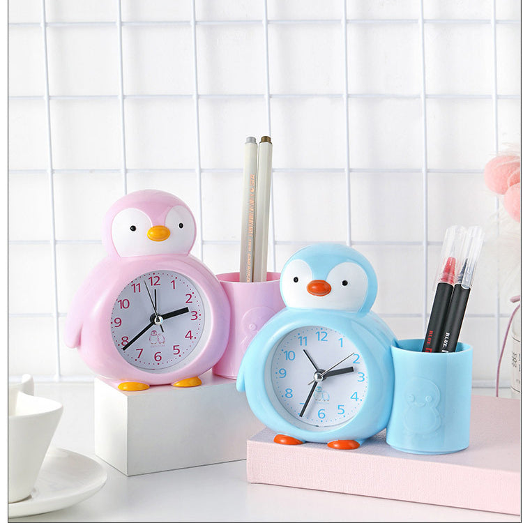 Cartoon penguin animal plastic alarm clock pencil holder