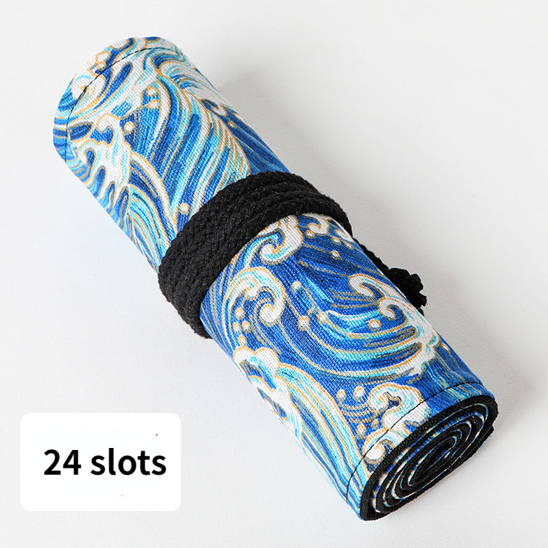 Stamping blue sea cotton and linen printing simple roll pencil pouch