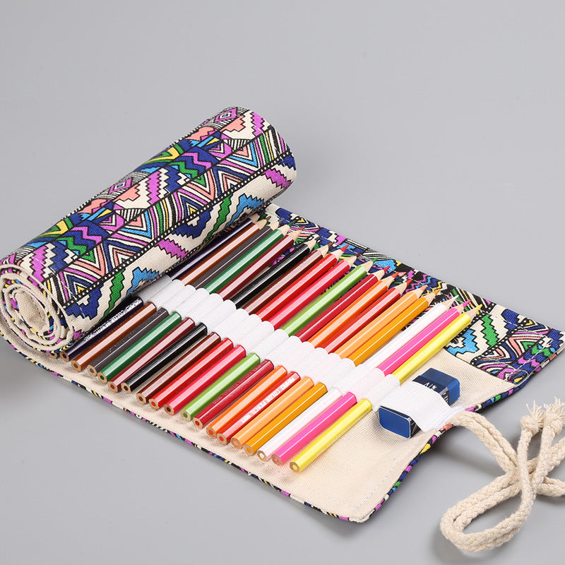 Ethnic style canvas printing simple roll pencil bag