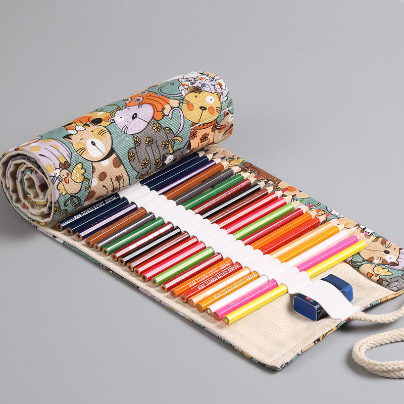 Cartoon big-eyed cute cat canvas printing simple roll pencil pouch