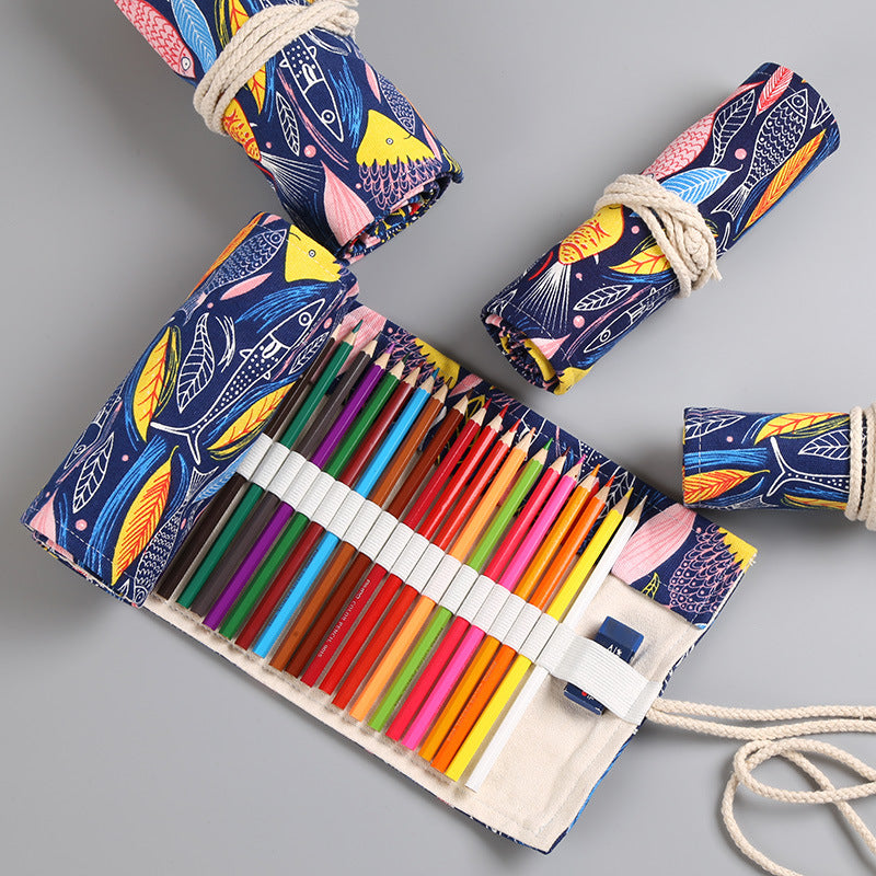 Colorful fish canvas printing simple roll pencil pouch