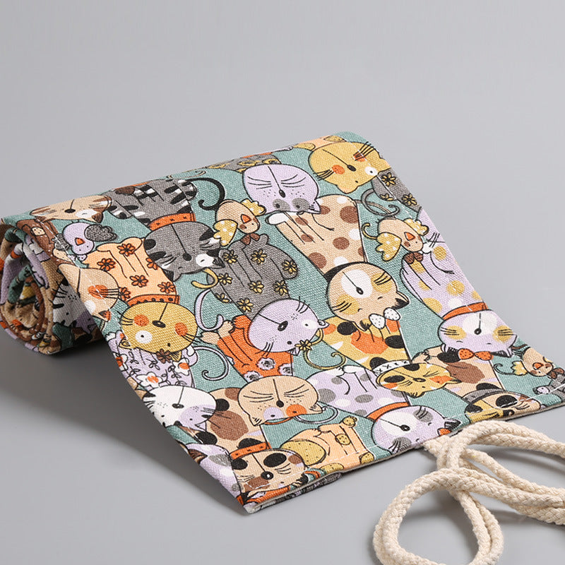 Cartoon big-eyed cute cat canvas printing simple roll pencil pouch