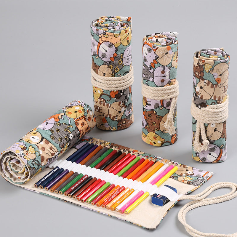 Cartoon big-eyed cute cat canvas printing simple roll pencil pouch