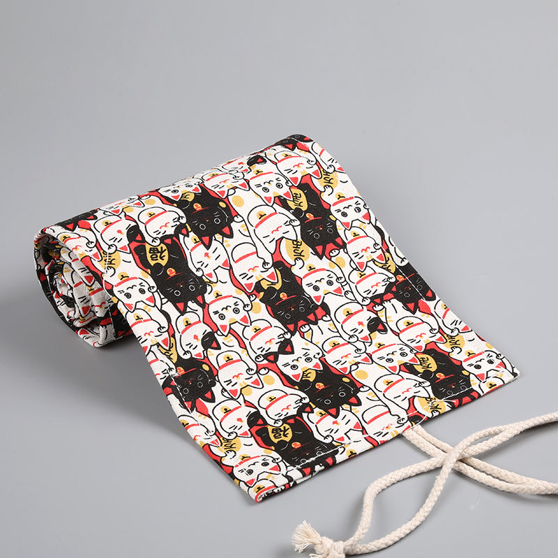 Wealthy cat canvas printing simple roll pencil pouch