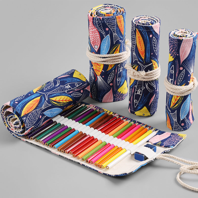 Colorful fish canvas printing simple roll pencil pouch