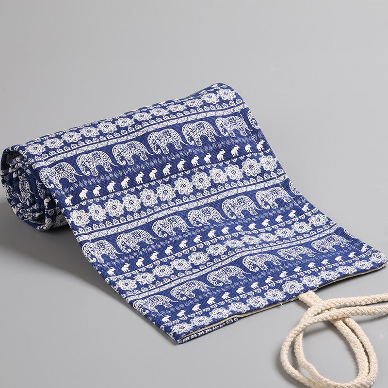 Ethnic style small elephant canvas print simple roll pencil pouch