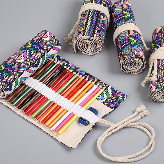 Ethnic style canvas printing simple roll pencil bag