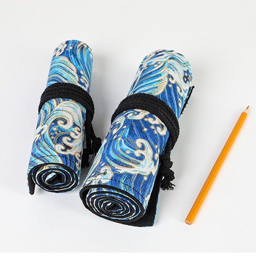 Stamping blue sea cotton and linen printing simple roll pencil pouch