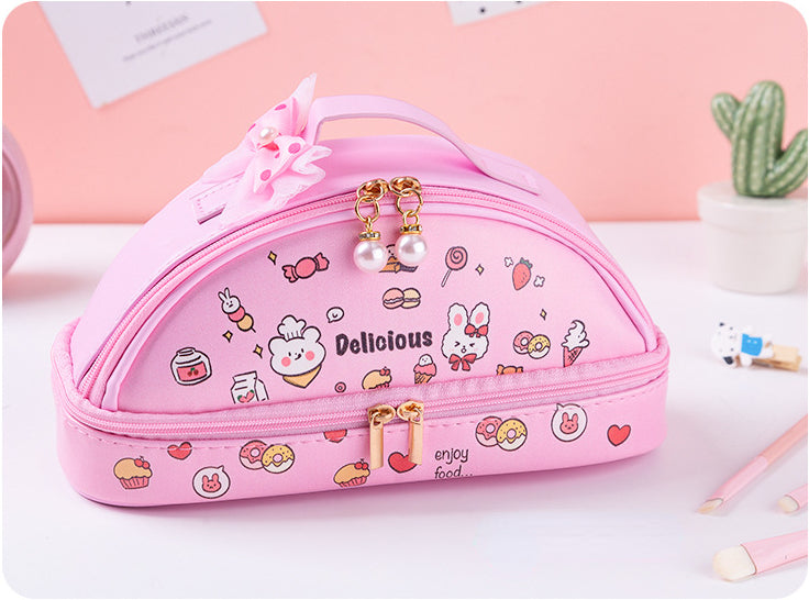 Cute double zipper double pencil pouch