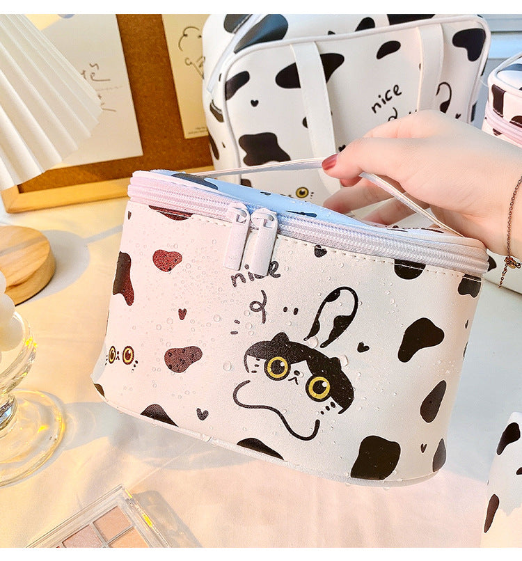 Round cartoon black and white cow cosmetic bag