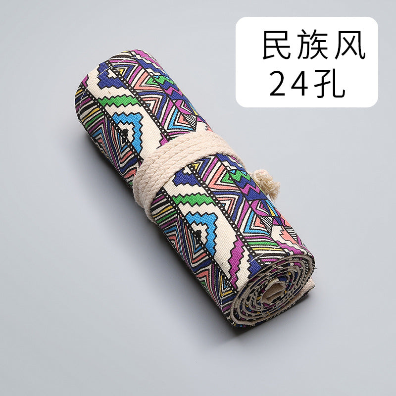 Ethnic style canvas printing simple roll pencil bag