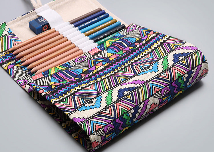 Ethnic style canvas printing simple roll pencil bag