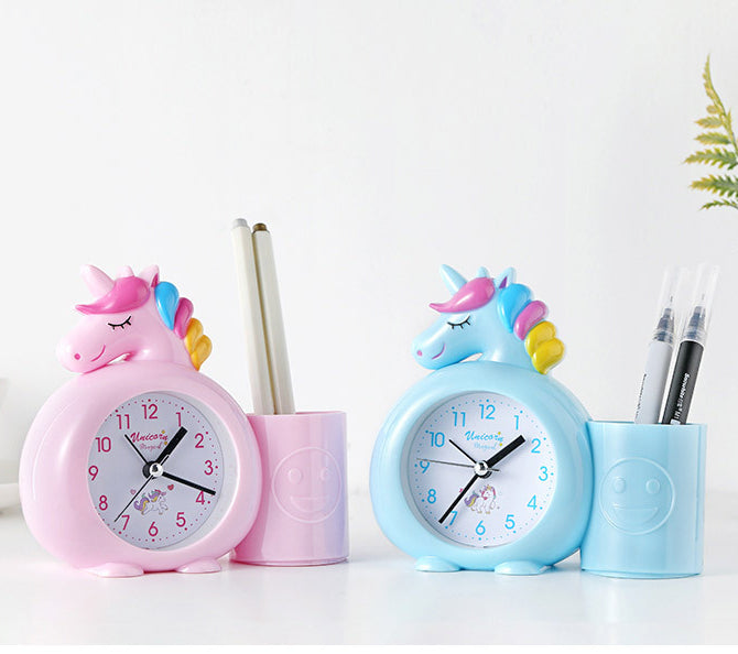 Cartoon unicorn animal plastic with pen holder alarm clock