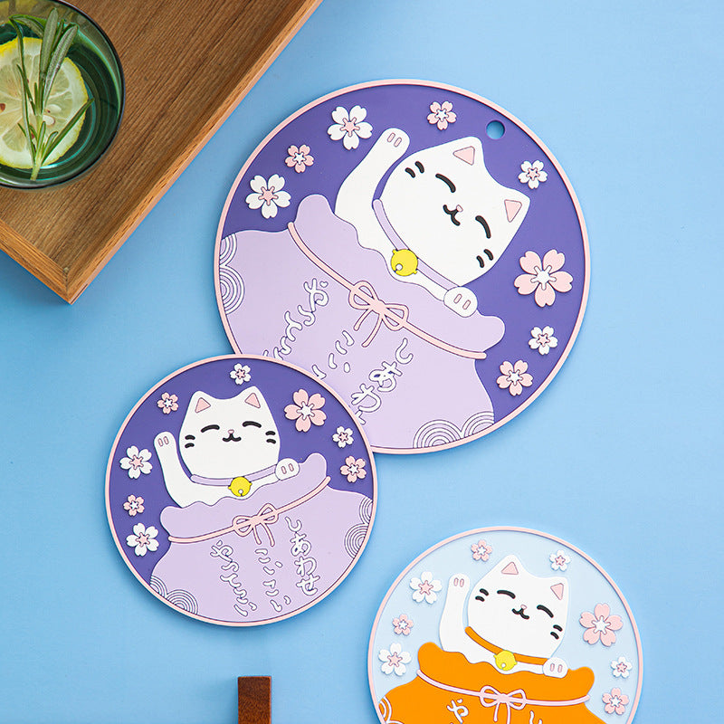 Japanese style cartoon three-dimensional cat PVC soft rubber anti-hot placemats