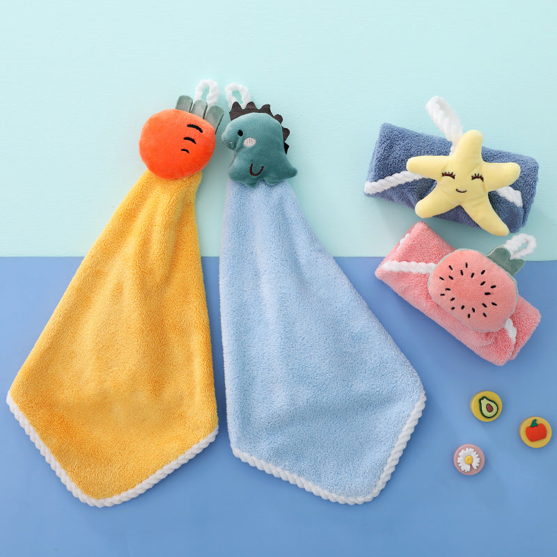 Coral fleece thickened fruit head cute children's hanging hand towel (4 pieces/set)