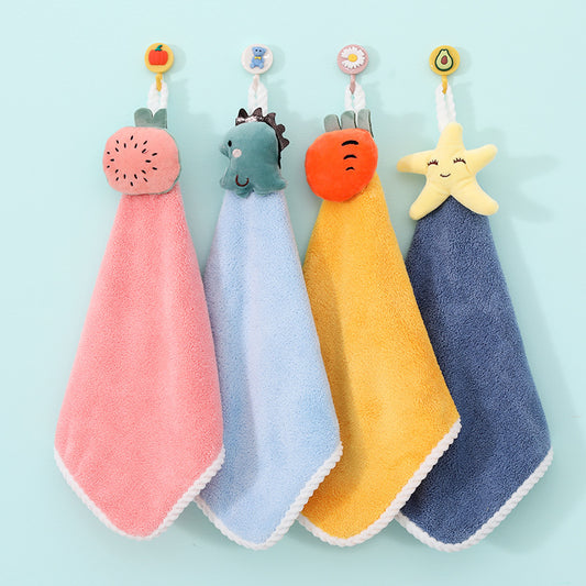 Coral fleece thickened fruit head cute children's hanging hand towel (4 pieces/set)