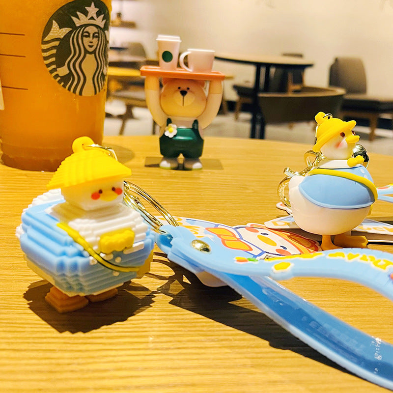 Creative cartoon silicone building block duck keychain