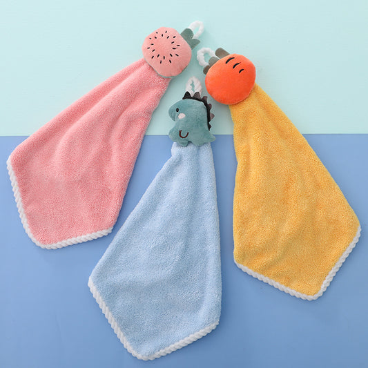 Coral fleece thickened fruit head cute children's hanging hand towel (4 pieces/set)