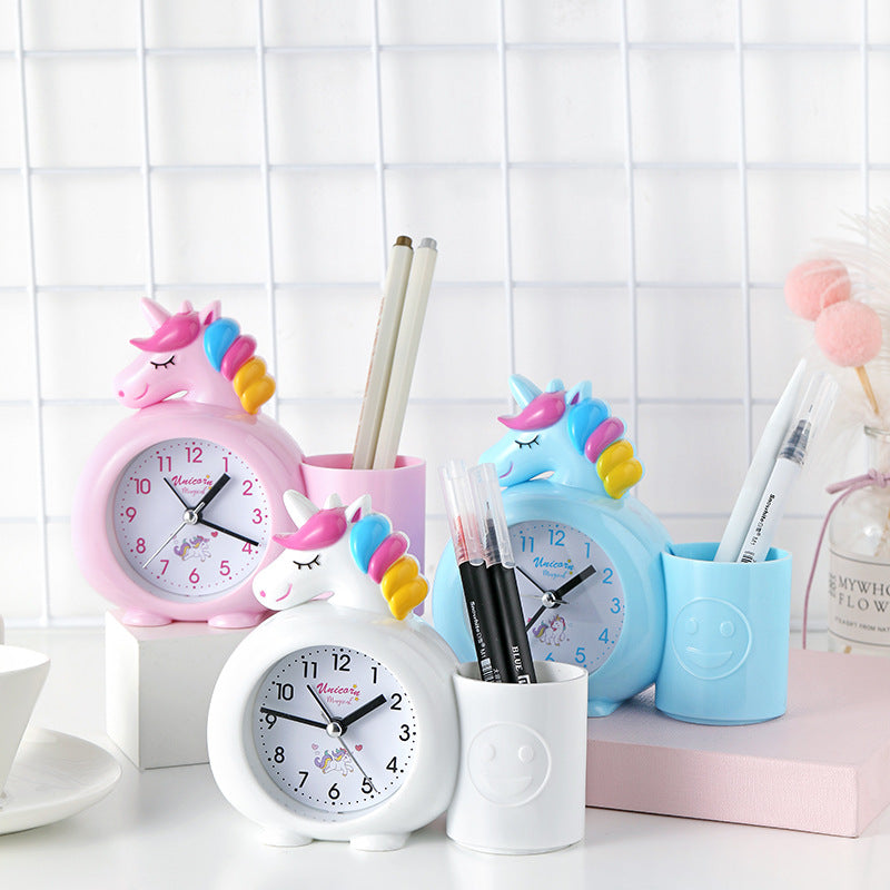 Cartoon unicorn animal plastic with pen holder alarm clock