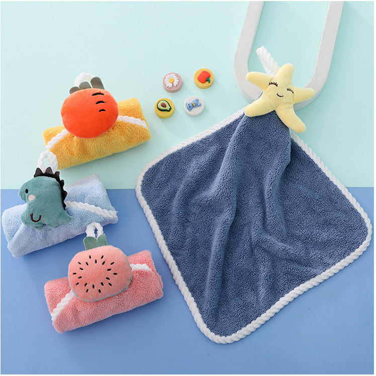 Coral fleece thickened fruit head cute children's hanging hand towel (4 pieces/set)