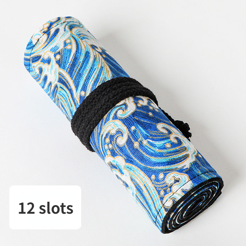 Stamping blue sea cotton and linen printing simple roll pencil pouch