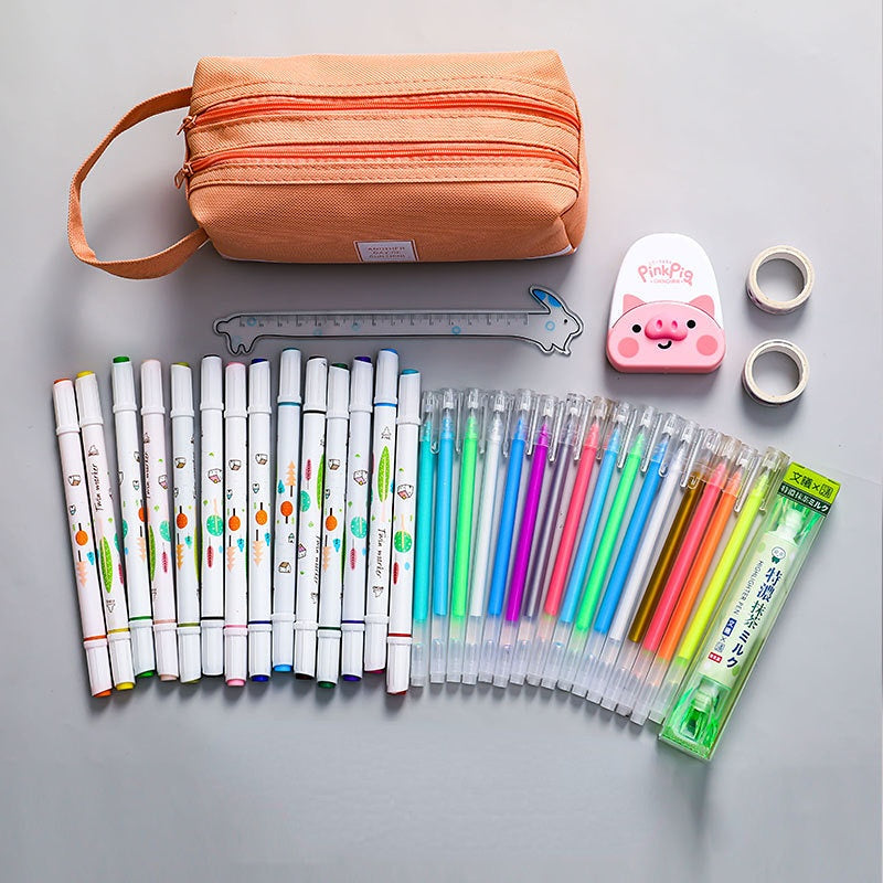 Canvas solid colour double layer pencil bag