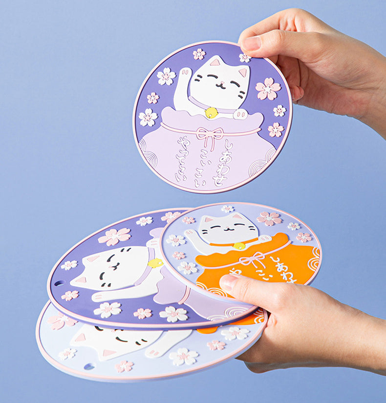 Japanese style cartoon three-dimensional cat PVC soft rubber anti-hot placemats