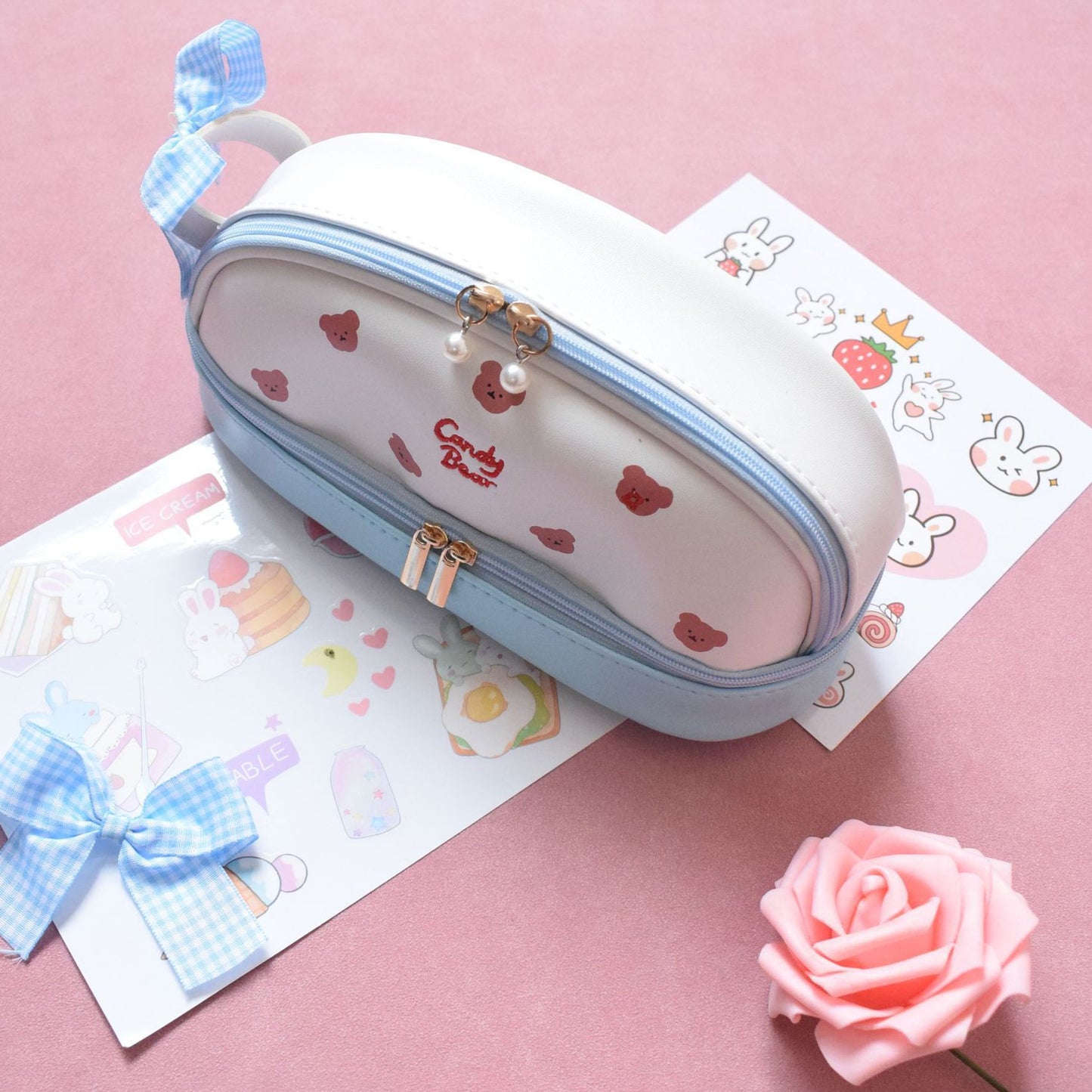 Cute double zipper double pencil pouch