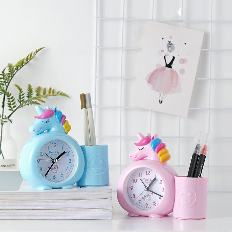 Cartoon unicorn animal plastic with pen holder alarm clock