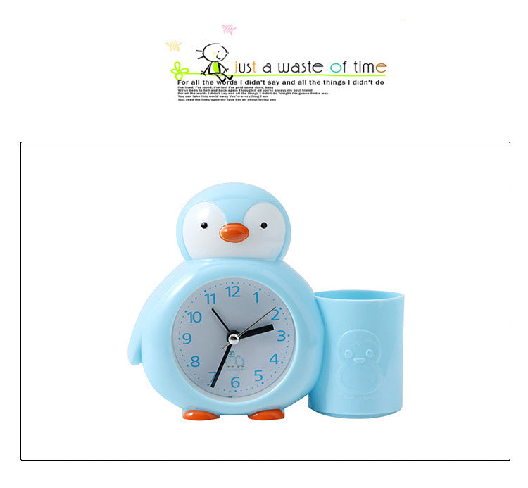 Cartoon penguin animal plastic alarm clock pencil holder