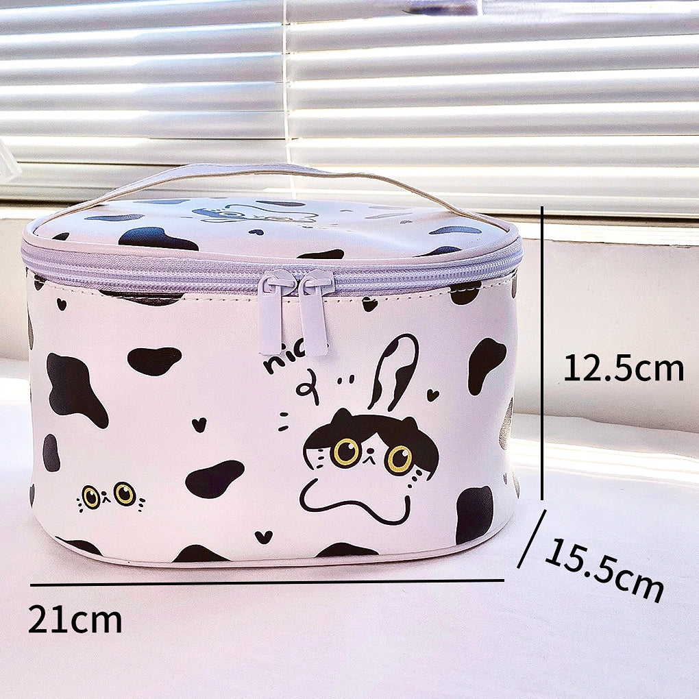 Round cartoon black and white cow cosmetic bag