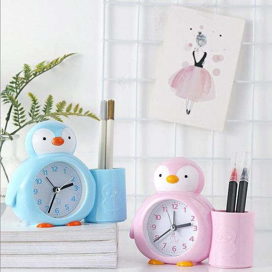 Cartoon penguin animal plastic alarm clock pencil holder