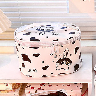 Round cartoon black and white cow cosmetic bag