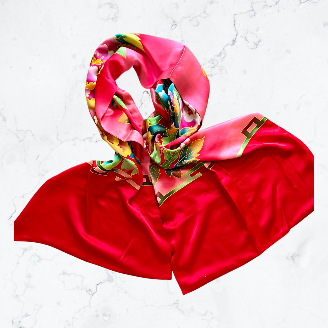 Red peony silk scarf